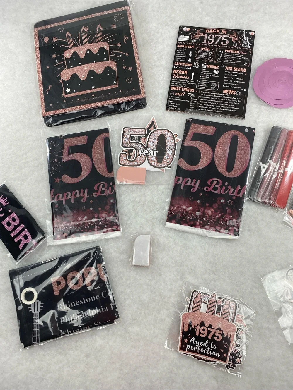 50th Birthday Party Supplies Set - Rose Gold and Black